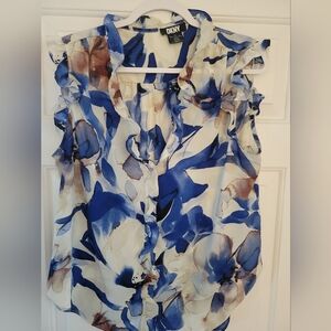 Floral DKNY Blue and Cream Blouse